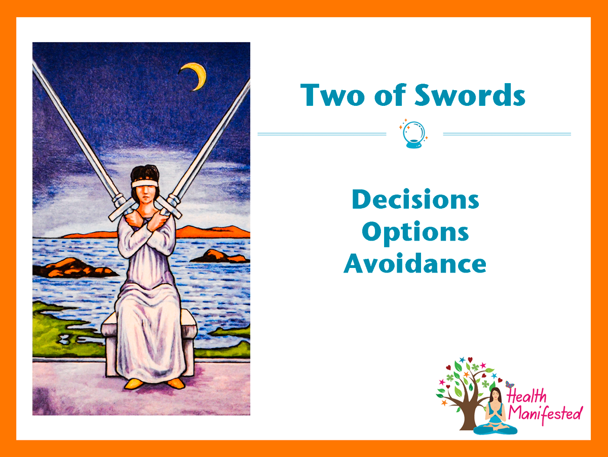 Two of swords. Tarot cards. Wind-haired woman with two swords crossed over her chest, in the sea under the crescent moon. Stock Vector by ©LaInspiratriz 294356296